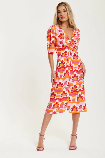 Floral Knot Front Midi Dress In Orange And Pink Liquorish